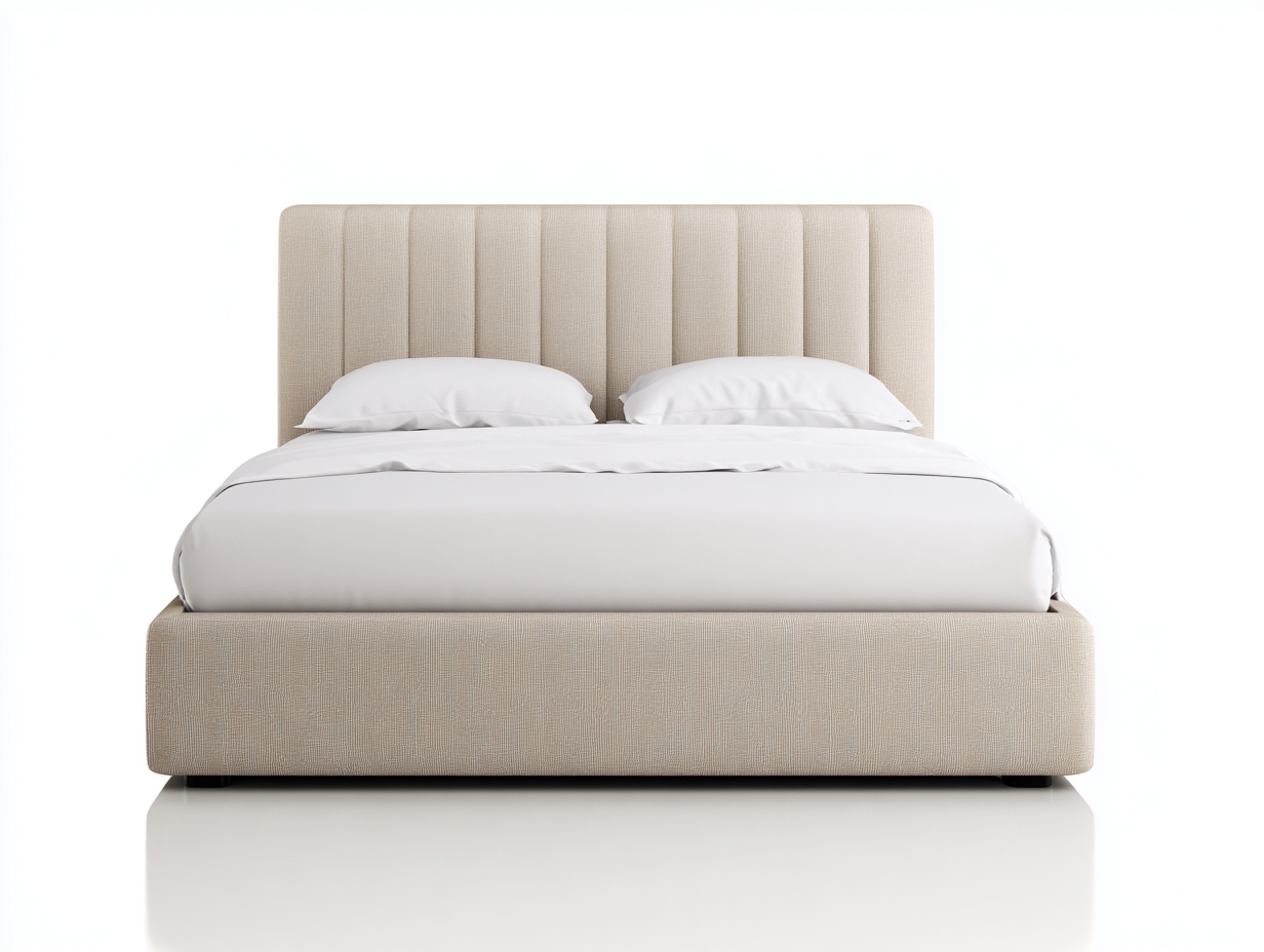 Lit double tapissé 160x200x110 cm - beige - avec tête de lit matelassée verticale et rangement intégré-Abodeno