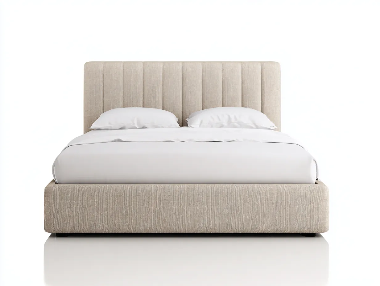 Lit double tapissé 160x200x110 cm - beige - avec tête de lit matelassée verticale et rangement intégré-Abodeno