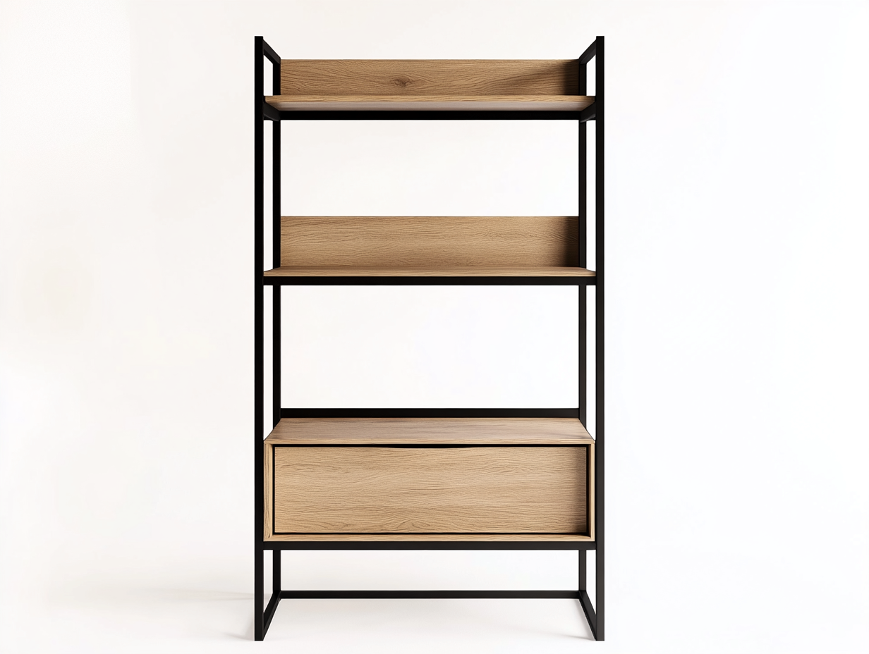 Bibliothèque en bois et métal 80x35x160 cm - chêne clair et structure noire - avec tiroir de rangement-Abodeno