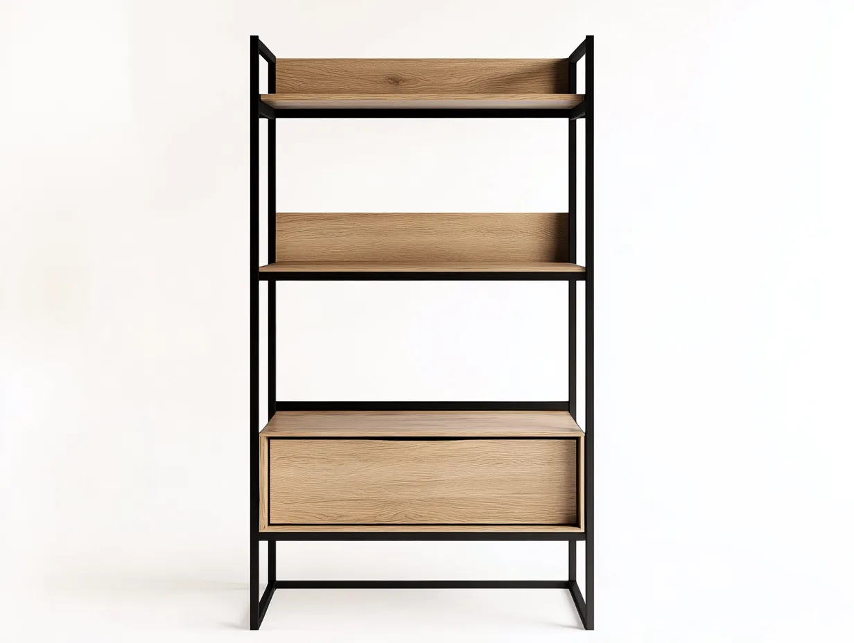 Bibliothèque en bois et métal 80x35x160 cm - chêne clair et structure noire - avec tiroir de rangement-Abodeno