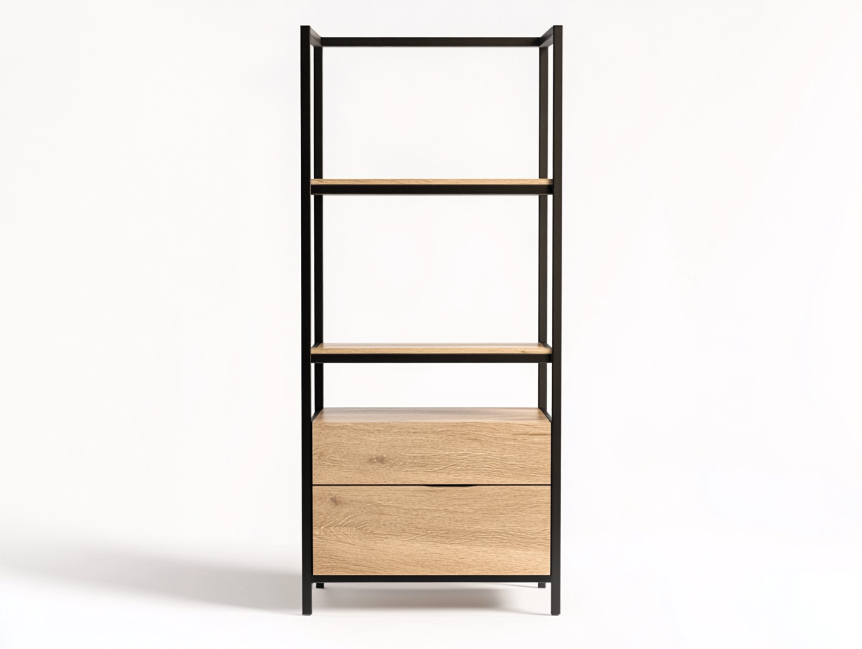 Bibliothèque en bois et métal 80x35x165 cm - chêne clair et structure noire - avec espace de rangement-Abodeno