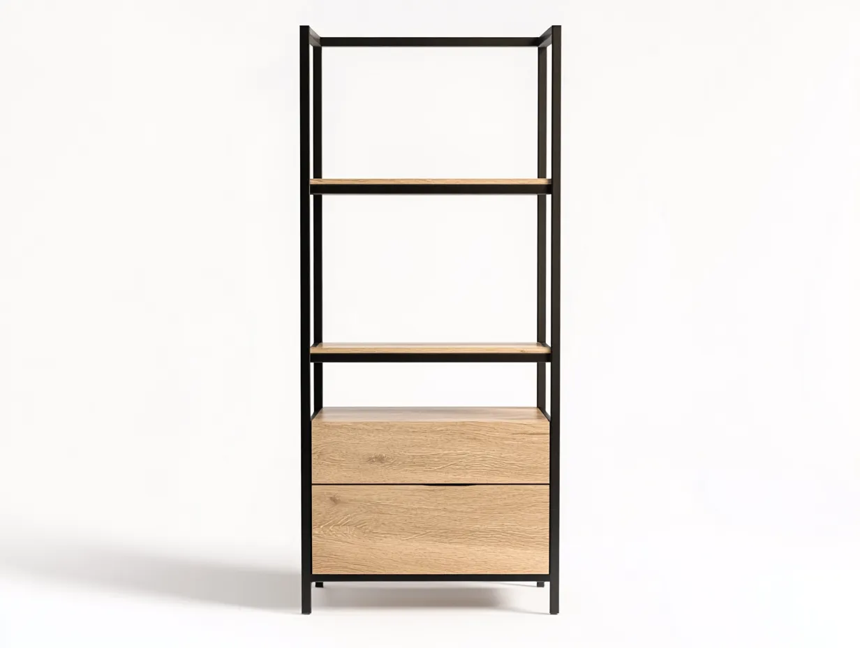 Bibliothèque en bois et métal 80x35x165 cm - chêne clair et structure noire - avec espace de rangement-Abodeno