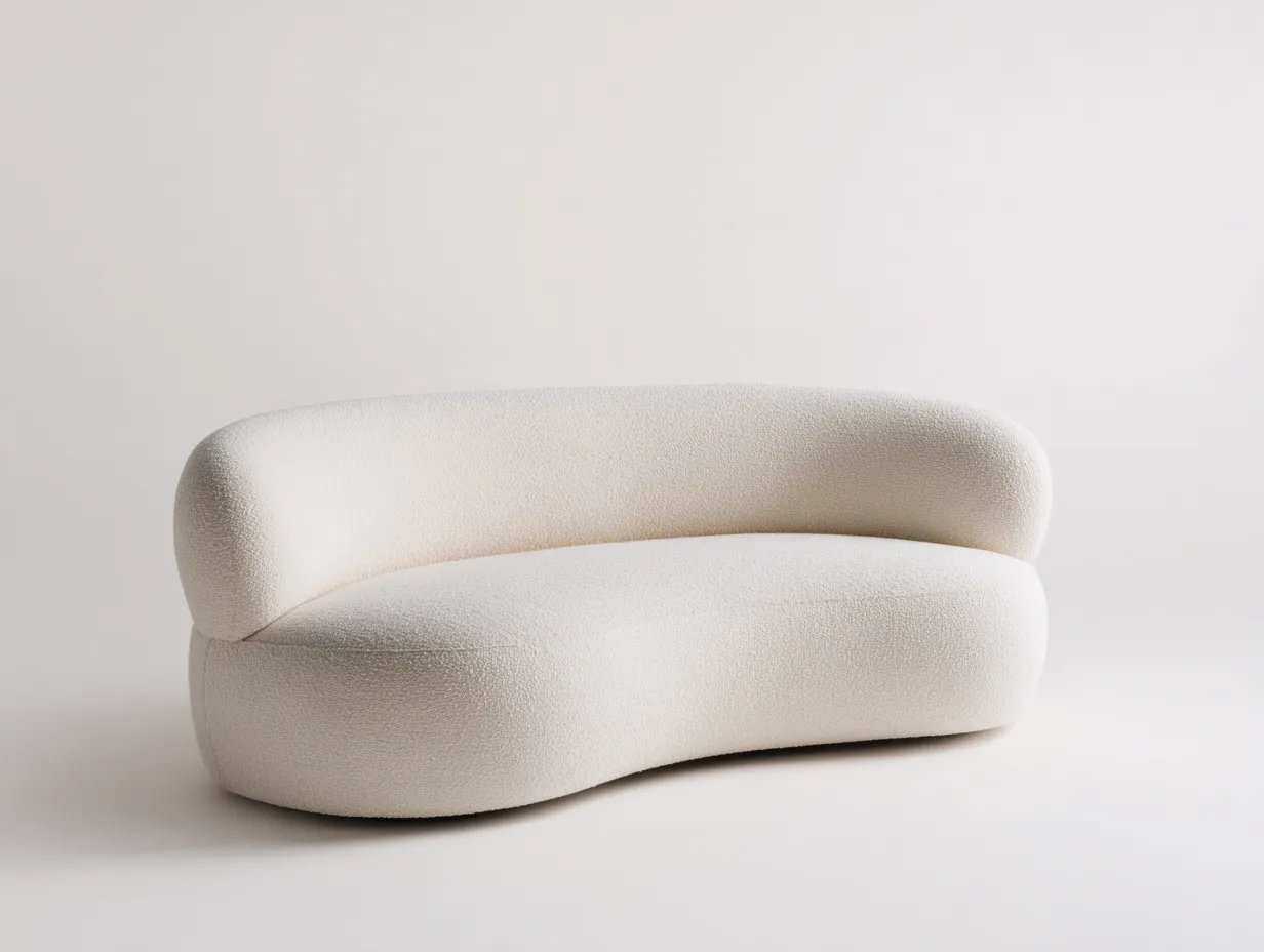 Canapé 3 places en tissu bouclé 205x100x80 cm - ivoire - design moderne incurvé-Abodeno