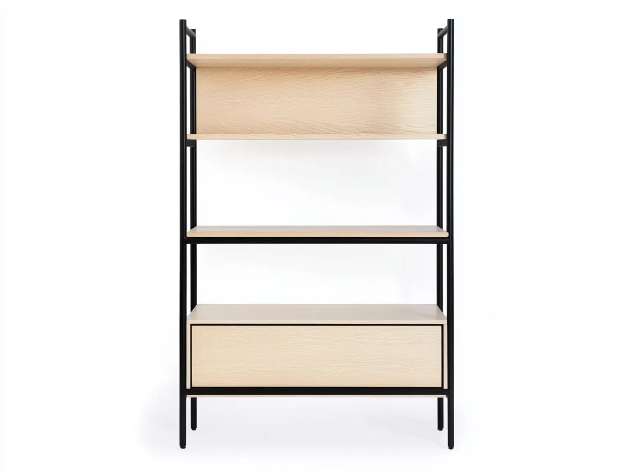 Bibliothèque en bois et métal 90x35x150 cm - chêne clair et structure noire - avec espace de rangement-Abodeno