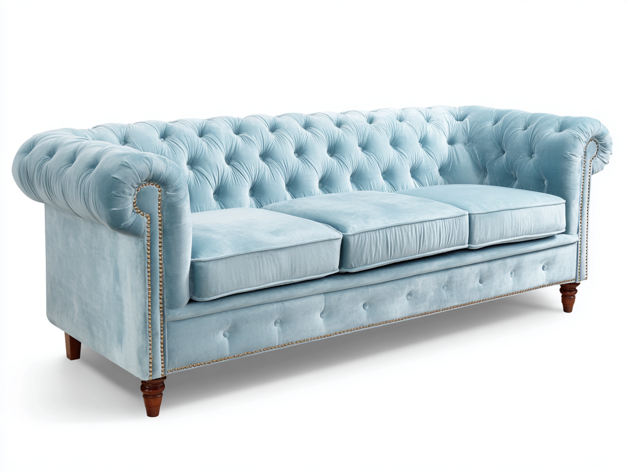 Canapé 3 places en velours 218x90x78 cm - bleu clair - style Chesterfield classique-Abodeno