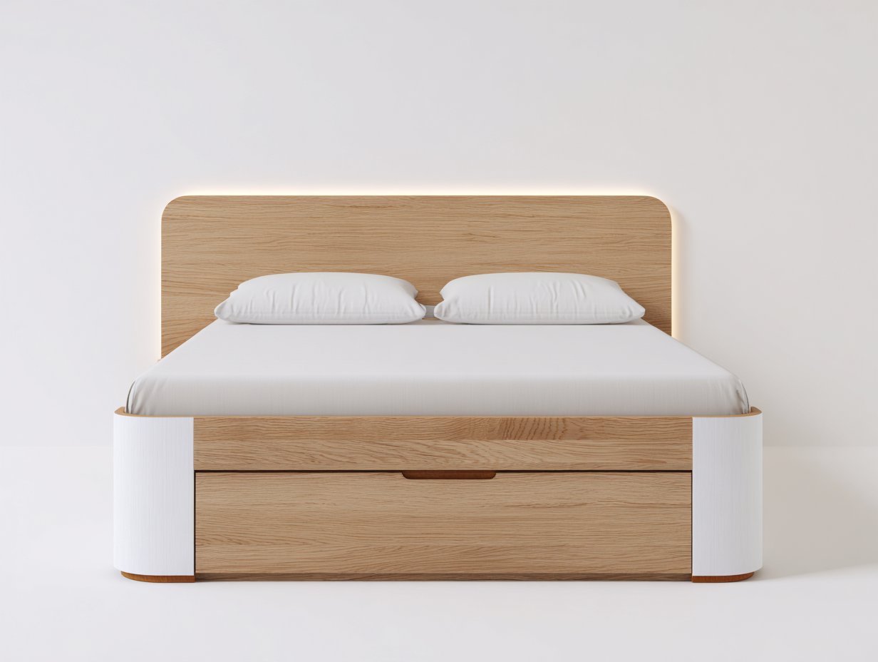 Lit double 160x200x105 cm - chêne clair et blanc - avec rangement intégré-Abodeno