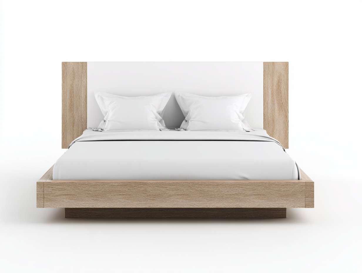 Lit double 160x200x105 cm - blanc et chêne clair - style contemporain épuré-Abodeno