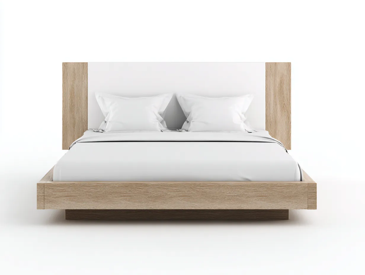 Lit double 160x200x105 cm - blanc et chêne clair - style contemporain épuré-Abodeno