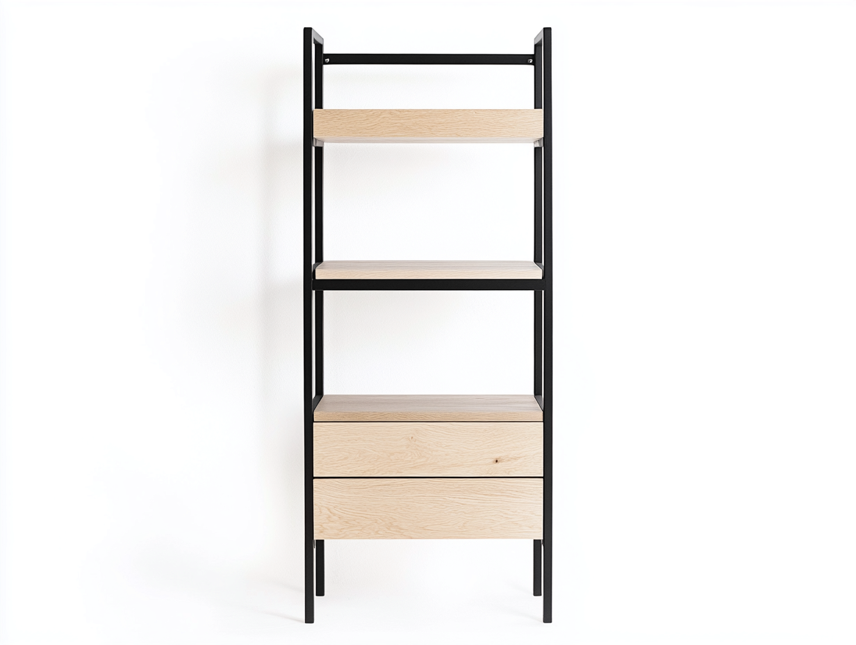 Bibliothèque en bois et métal 70x35x170 cm - chêne clair et structure noire - avec espace de rangement-Abodeno