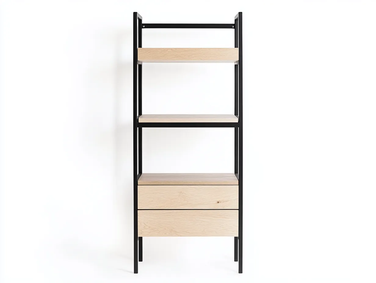 Bibliothèque en bois et métal 70x35x170 cm - chêne clair et structure noire - avec espace de rangement-Abodeno