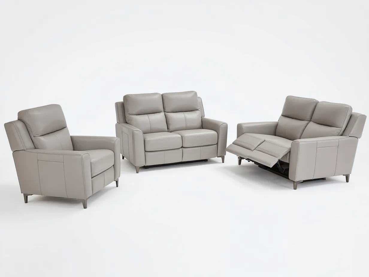 Ensemble 2 canapés 2 places 160x95x100 cm et fauteuil 95x90x100 cm en cuir véritable - gris - avec fonctions relax électriques-Homelyia