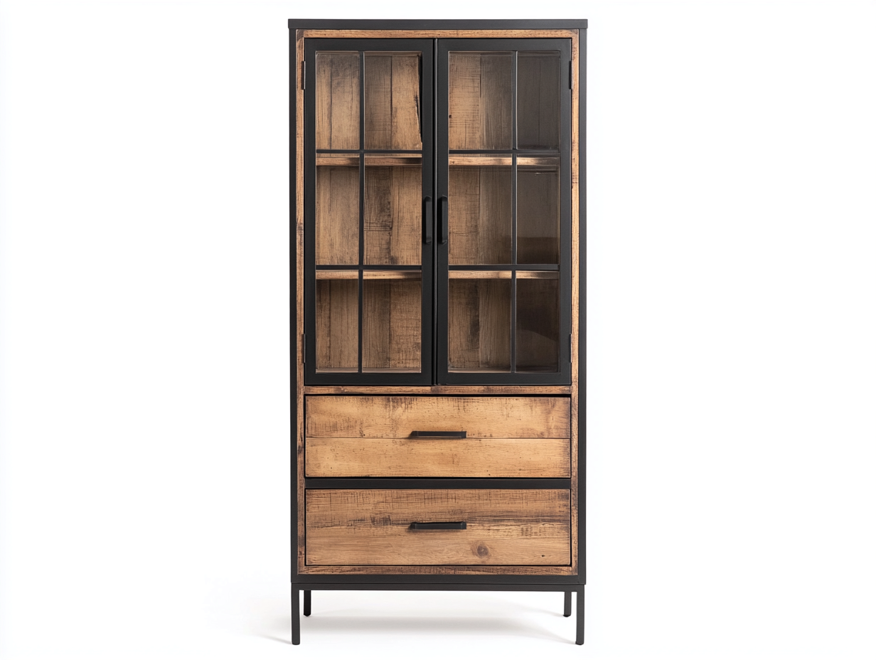 Vitrine en bois clair et métal 85x40x190 cm - noir - avec espace de rangement industriel-Homelyia