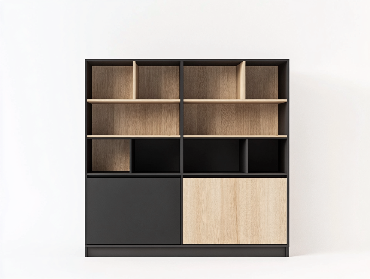 Bibliothèque en bois 200x35x180 cm - chêne clair/noir - style moderne avec espace de rangement-Homelyia
