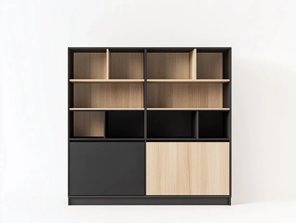 Bibliothèque en bois 200x35x180 cm - chêne clair/noir - style moderne avec espace de rangement-Homelyia