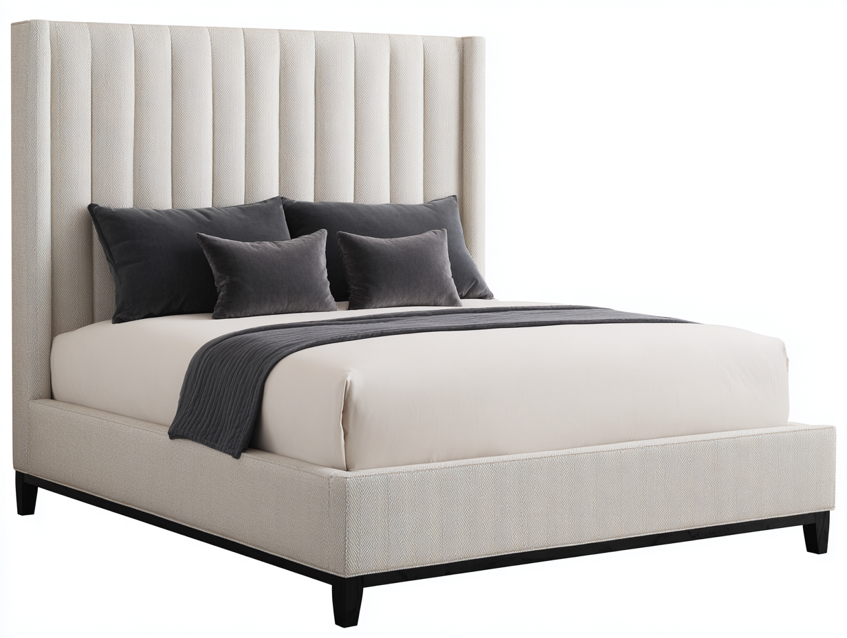 Lit double tapissé 180x200x140 cm - tissu beige - style moderne avec tête de lit haute à panneaux-Homelyia