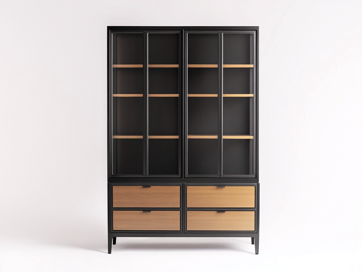 Vitrine en métal et bois avec portes vitrées 120x40x165 cm - noir/bois naturel - avec espace de rangement-Homelyia