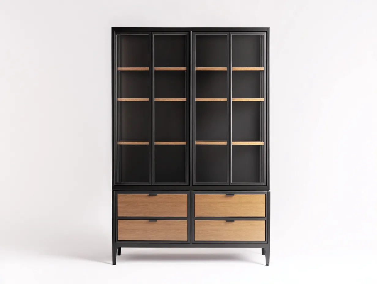 Vitrine en métal et bois avec portes vitrées 120x40x165 cm - noir/bois naturel - avec espace de rangement-Homelyia