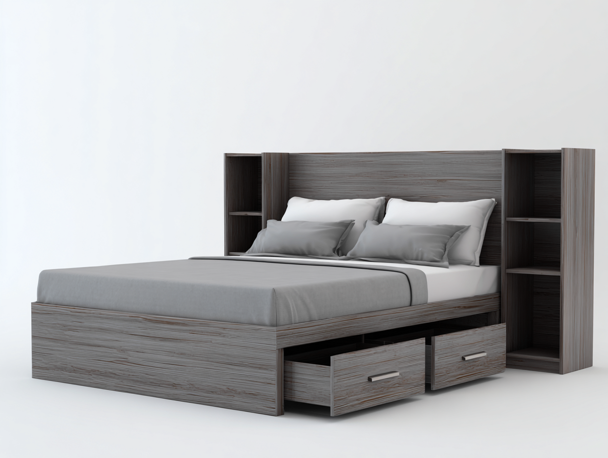 Lit double avec rangement 165x210x115 cm - gris bois - avec tiroirs et étagères intégrées-Homelyia
