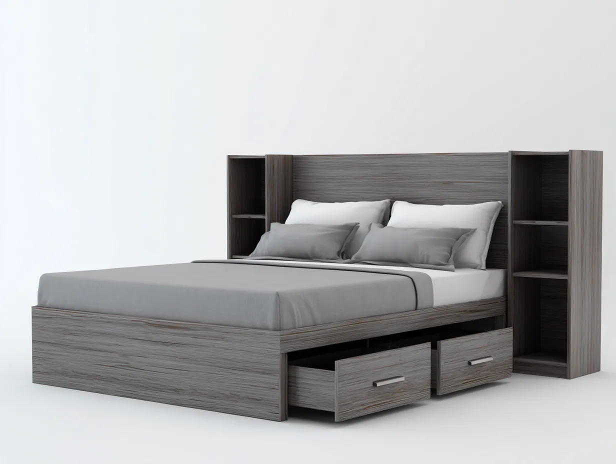 Lit double avec rangement 165x210x115 cm - gris bois - avec tiroirs et étagères intégrées-Homelyia