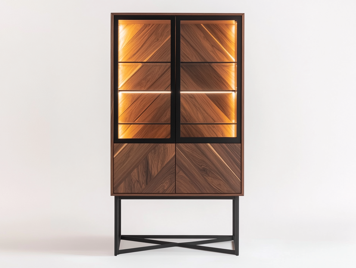 Vitrine en bois et verre 100x43x180 cm - noyer/noir - avec espace de rangement - style moderne-Homelyia