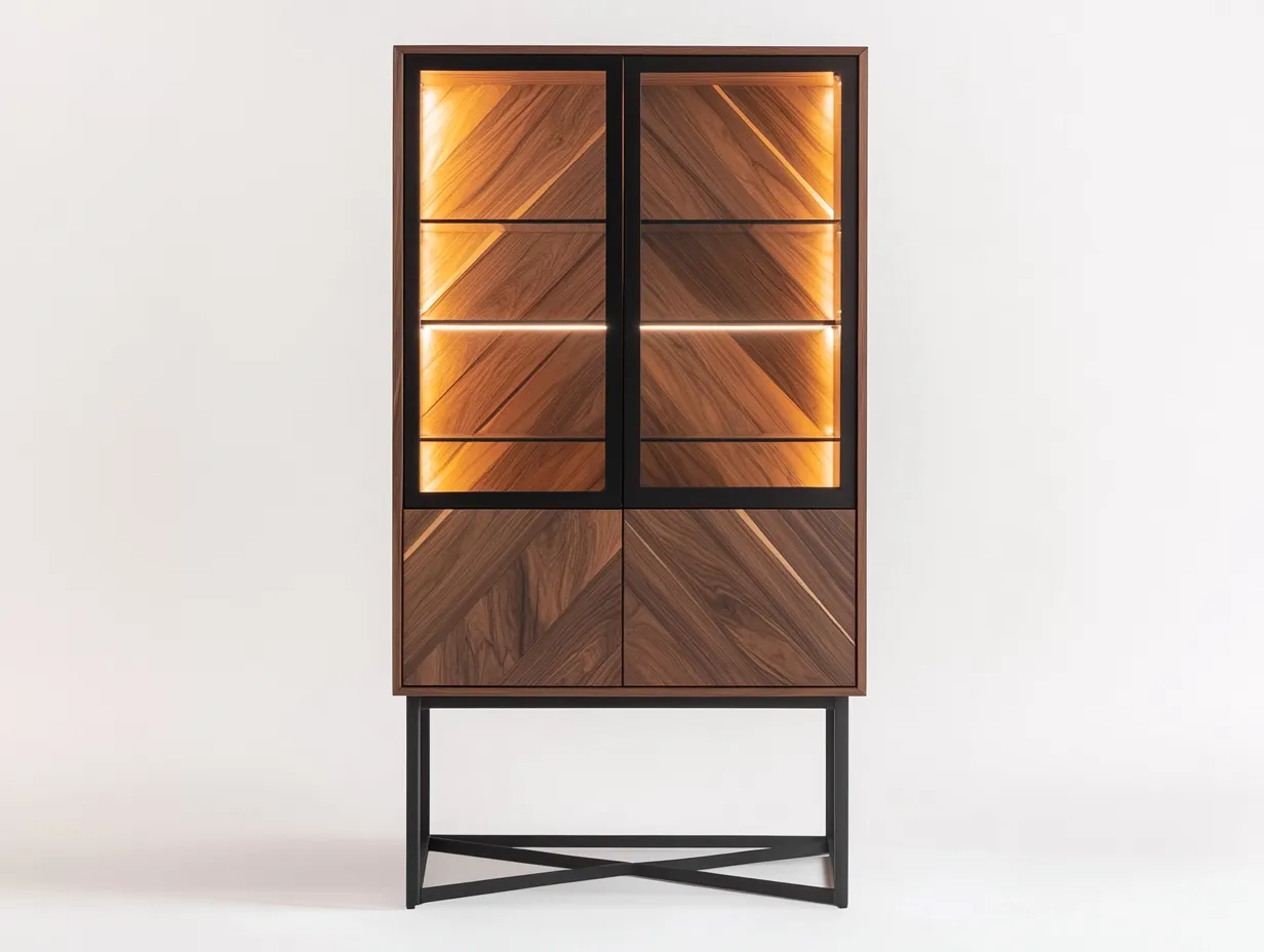Vitrine en bois et verre 100x43x180 cm - noyer/noir - avec espace de rangement - style moderne-Homelyia