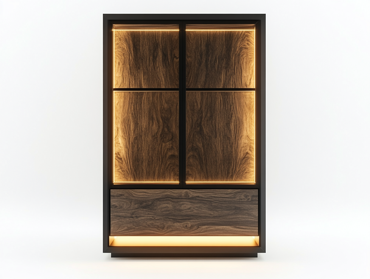 Vitrine en bois foncé et métal 110x40x170 cm - noir - avec éclairage LED intégré au style contemporain-Homelyia