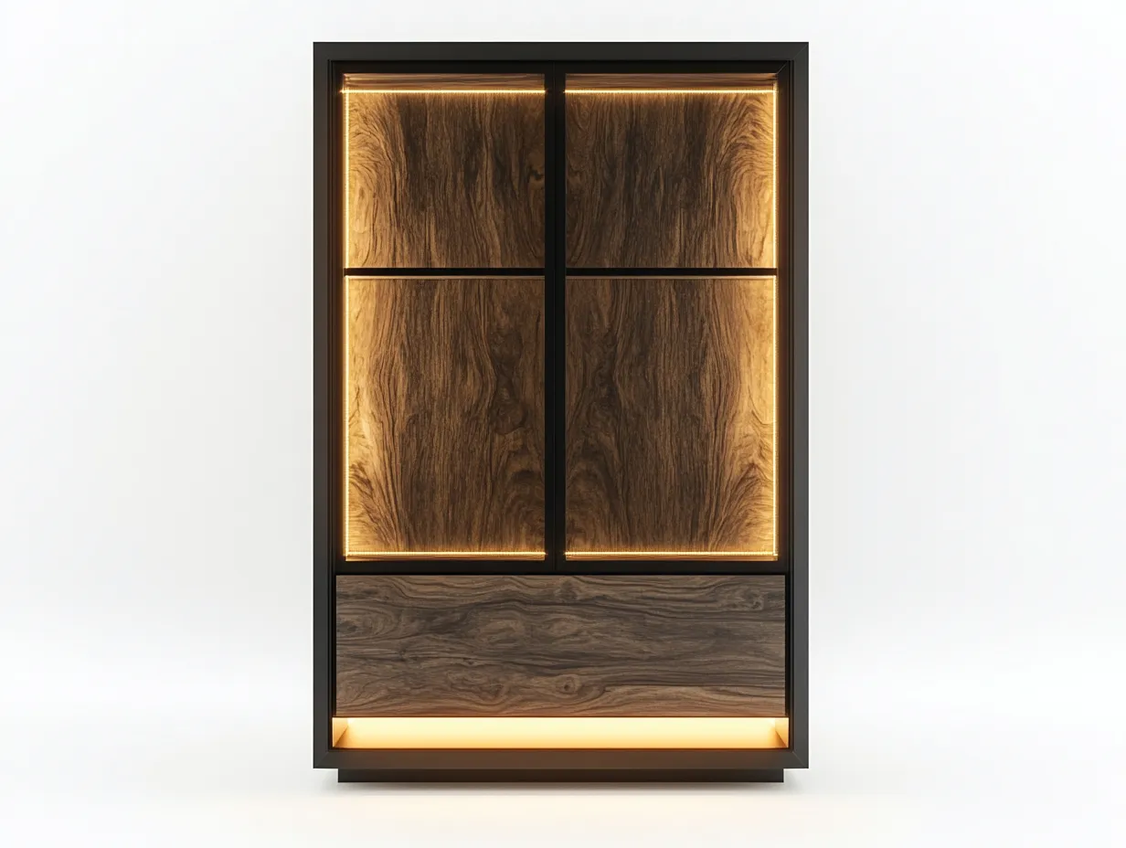 Vitrine en bois foncé et métal 110x40x170 cm - noir - avec éclairage LED intégré au style contemporain-Homelyia