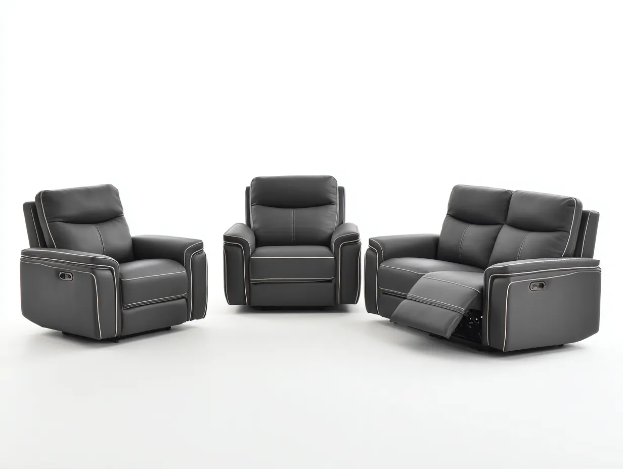 Ensemble canapé 2 places 160x95x100 cm et 2 fauteuils 100x95x100 cm - cuir synthétique gris foncé - avec fonction relaxation-Homelyia