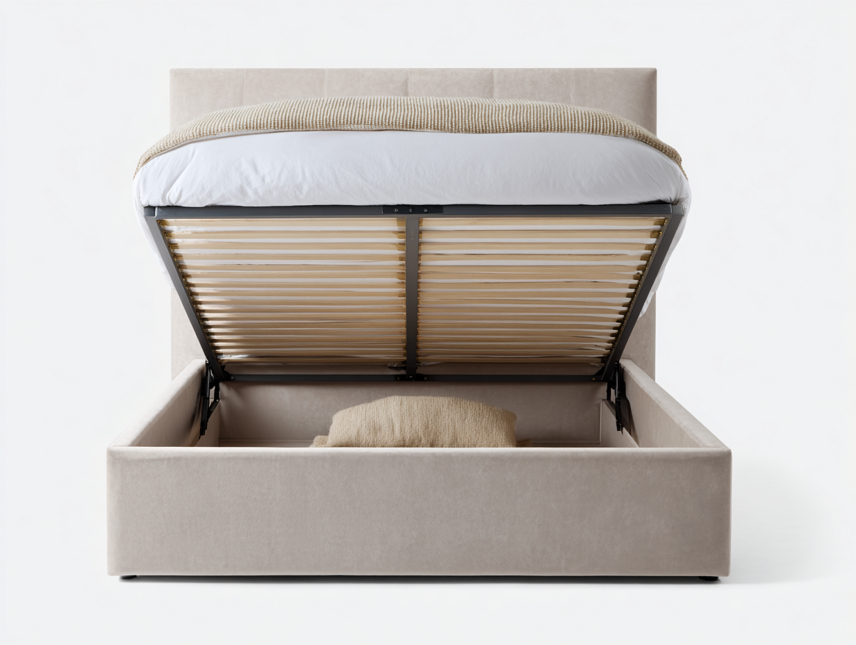 Lit double tapissé avec coffre 160x205x100 cm - beige - avec espace de rangement intégré-Homelyia