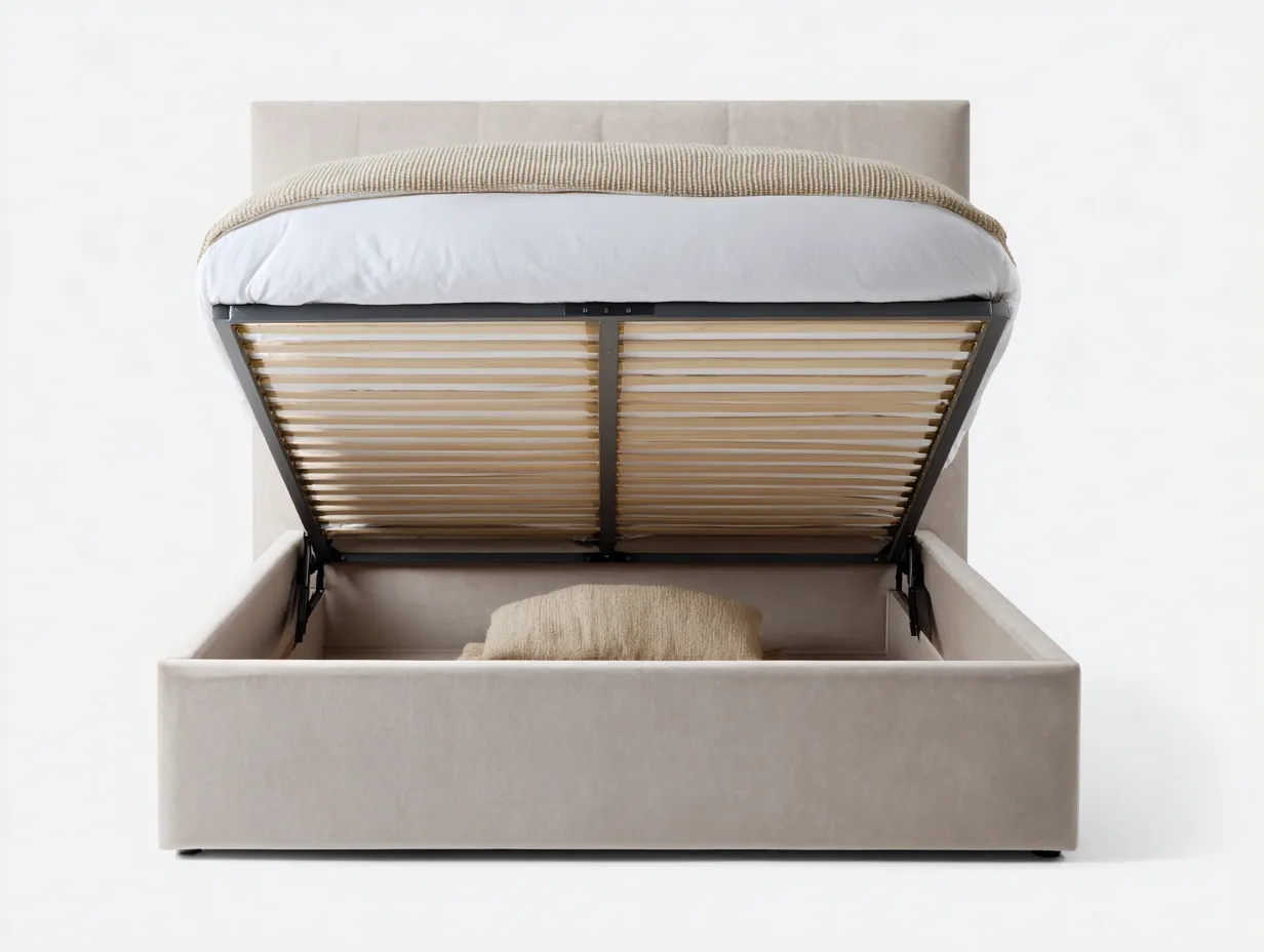 Lit double tapissé avec coffre 160x205x100 cm - beige - avec espace de rangement intégré-Homelyia