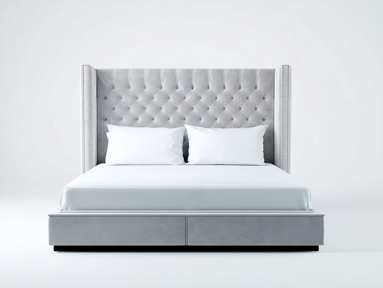 Lit double tapissé 160x200x145 cm - velours gris - style classique capitonné à tête de lit haute-Homelyia