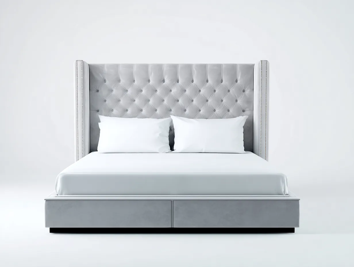 Lit double tapissé 160x200x145 cm - velours gris - style classique capitonné à tête de lit haute-Homelyia