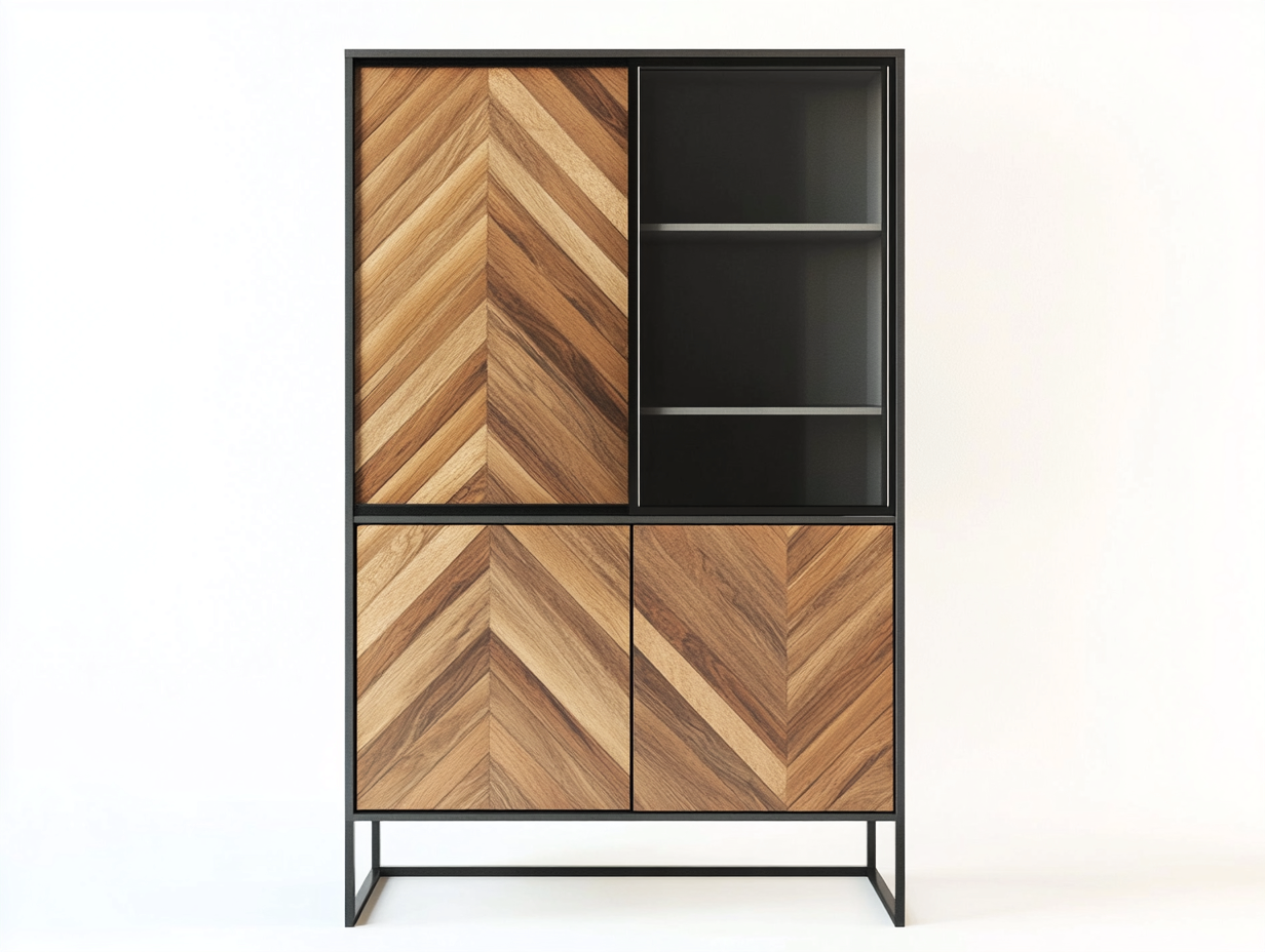 Vitrine en bois et métal 100x40x170 cm - noir - avec façade à motif chevron moderne-Homelyia