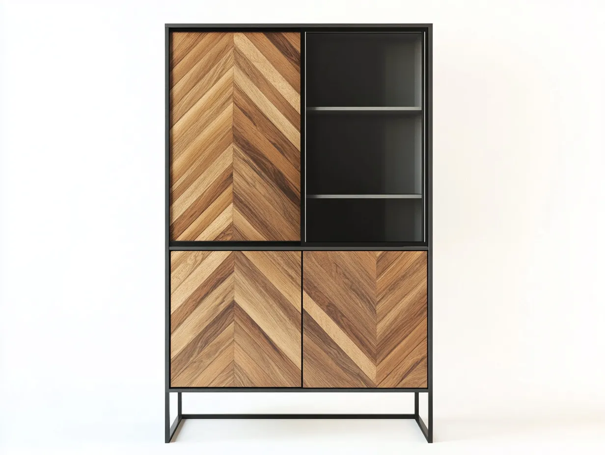 Vitrine en bois et métal 100x40x170 cm - noir - avec façade à motif chevron moderne-Homelyia