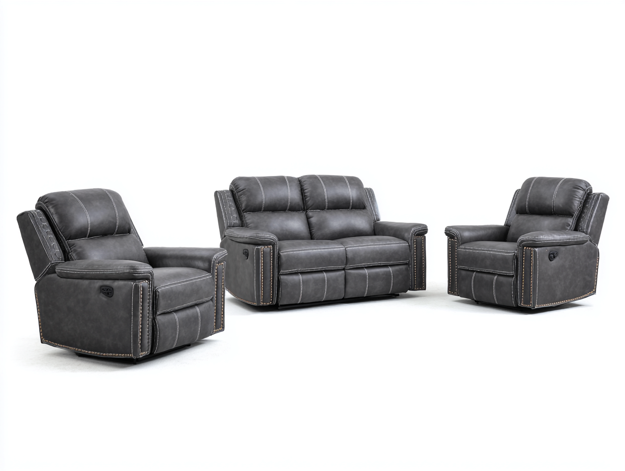 Ensemble canapé 2 places 160x95x100 cm et 2 fauteuils 100x95x100 cm - cuir synthétique gris foncé vieilli - avec fonction relaxation-Homelyia