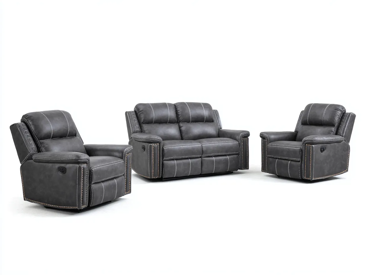 Ensemble canapé 2 places 160x95x100 cm et 2 fauteuils 100x95x100 cm - cuir synthétique gris foncé vieilli - avec fonction relaxation-Homelyia