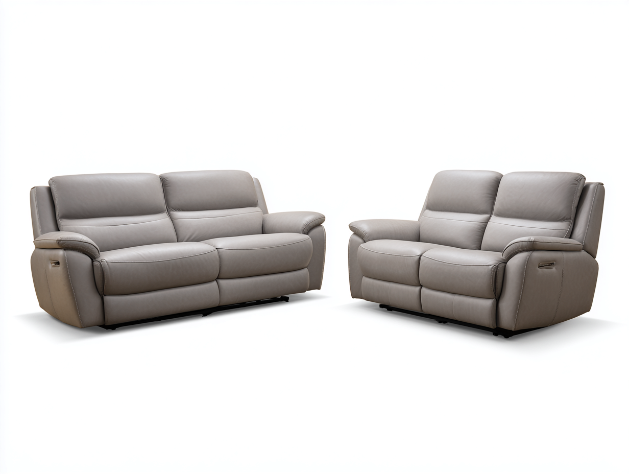 Canapé 3 places 200x95x100 cm et canapé 2 places 160x95x100 cm en cuir - gris taupe - avec mécanisme relax électrique-Homelyia