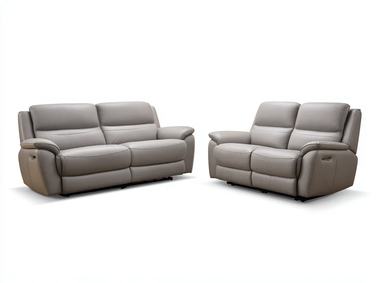 Canapé 3 places 200x95x100 cm et canapé 2 places 160x95x100 cm en cuir - gris taupe - avec mécanisme relax électrique-Homelyia