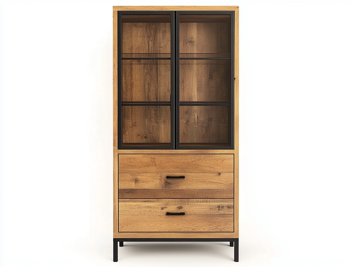 Vitrine en bois et verre 95x42x175 cm - chêne naturel - avec espace de rangement - style industriel-Homelyia
