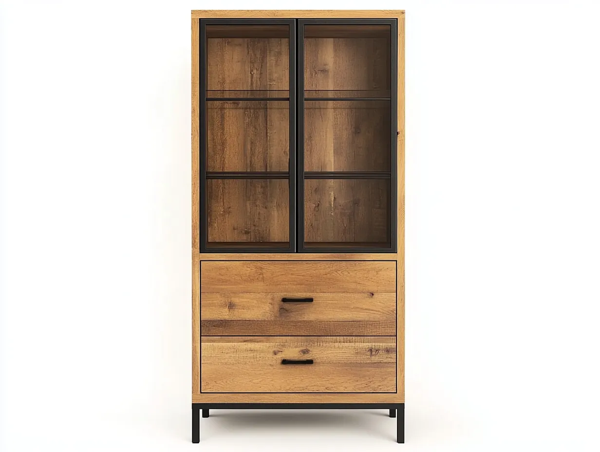 Vitrine en bois et verre 95x42x175 cm - chêne naturel - avec espace de rangement - style industriel-Homelyia