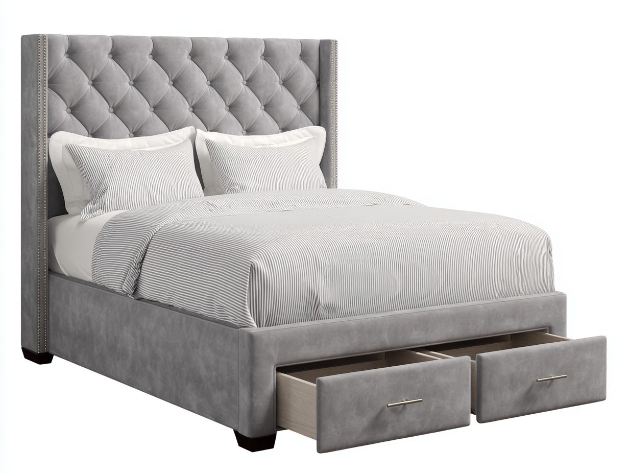 Lit double tapissé avec rangement 180x200x130 cm - velours gris - style élégant capitonné à tiroirs-Homelyia