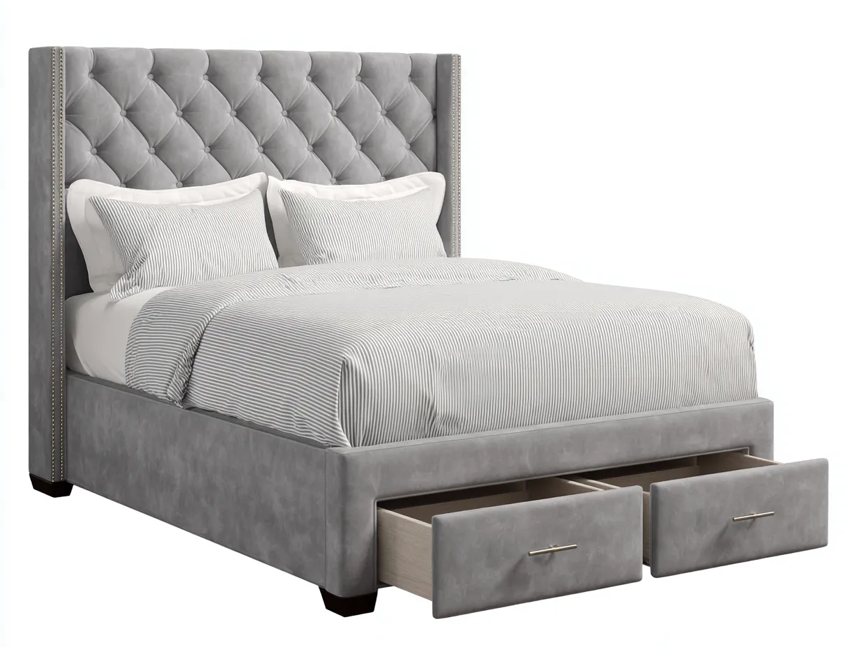 Lit double tapissé avec rangement 180x200x130 cm - velours gris - style élégant capitonné à tiroirs-Homelyia