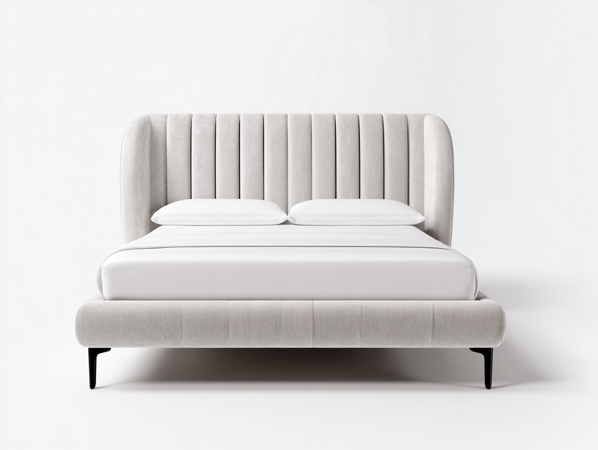 Lit double tapissé 165x210x105 cm - beige clair - style moderne avec tête de lit capitonnée arrondie-Homelyia