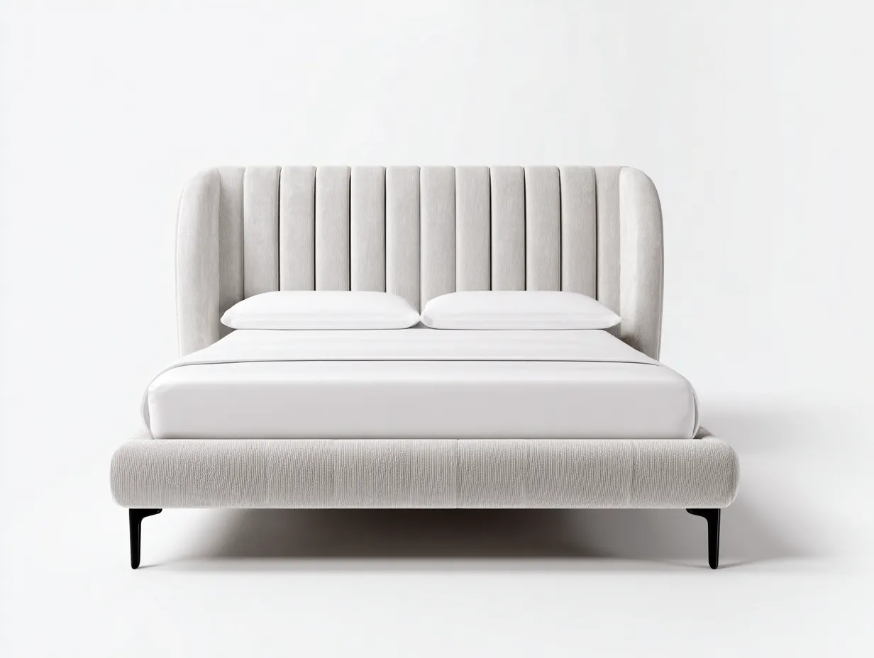 Lit double tapissé 165x210x105 cm - beige clair - style moderne avec tête de lit capitonnée arrondie-Homelyia