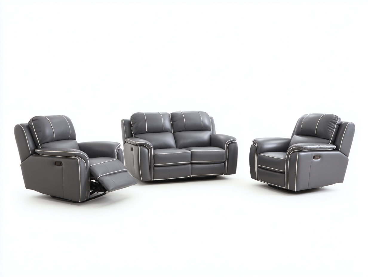 Ensemble 2 fauteuils 95x90x100 cm et canapé 2 places 160x95x100 cm en cuir synthétique - gris foncé - avec fonctions relax manuelles et surpiqûres contrastées-Homelyia