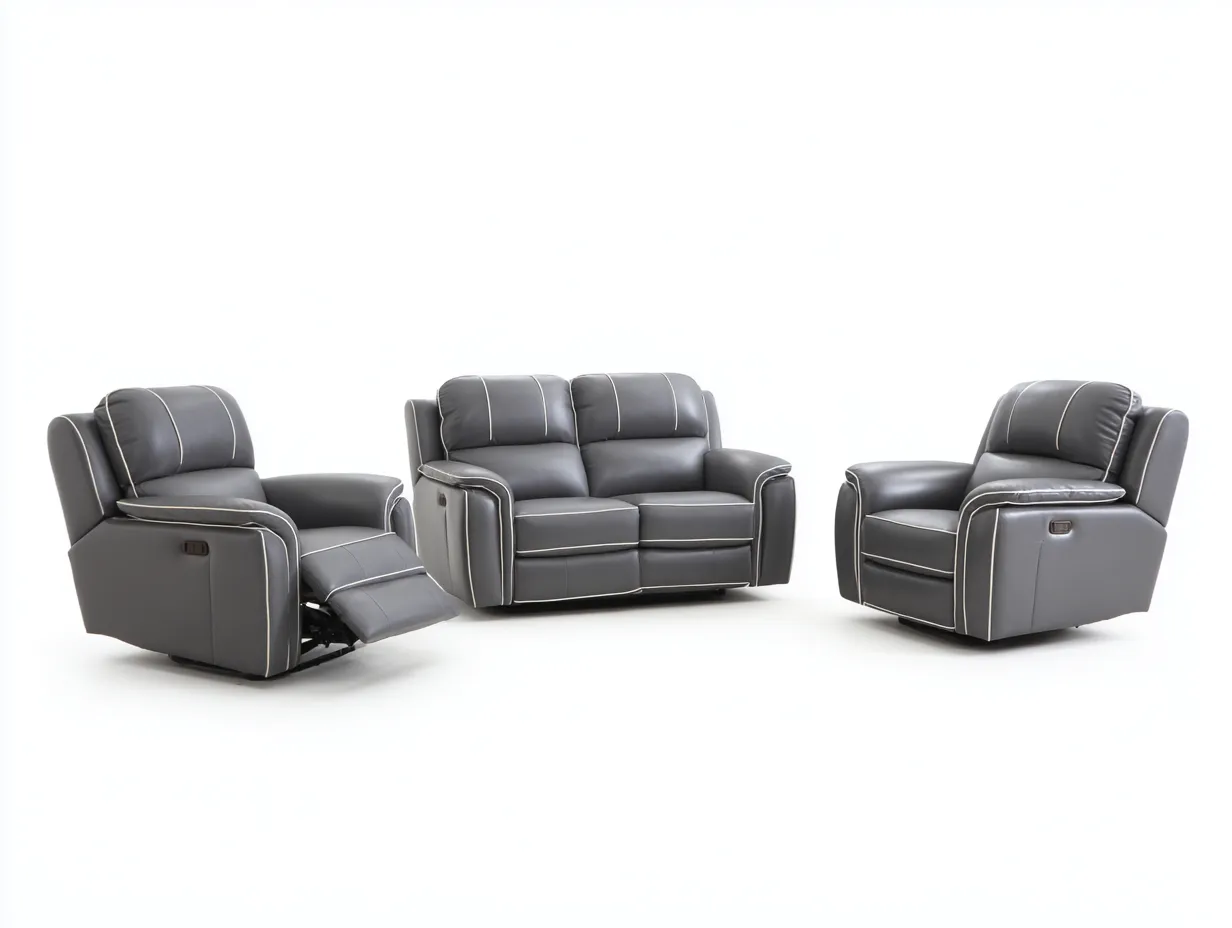 Ensemble 2 fauteuils 95x90x100 cm et canapé 2 places 160x95x100 cm en cuir synthétique - gris foncé - avec fonctions relax manuelles et surpiqûres contrastées-Homelyia