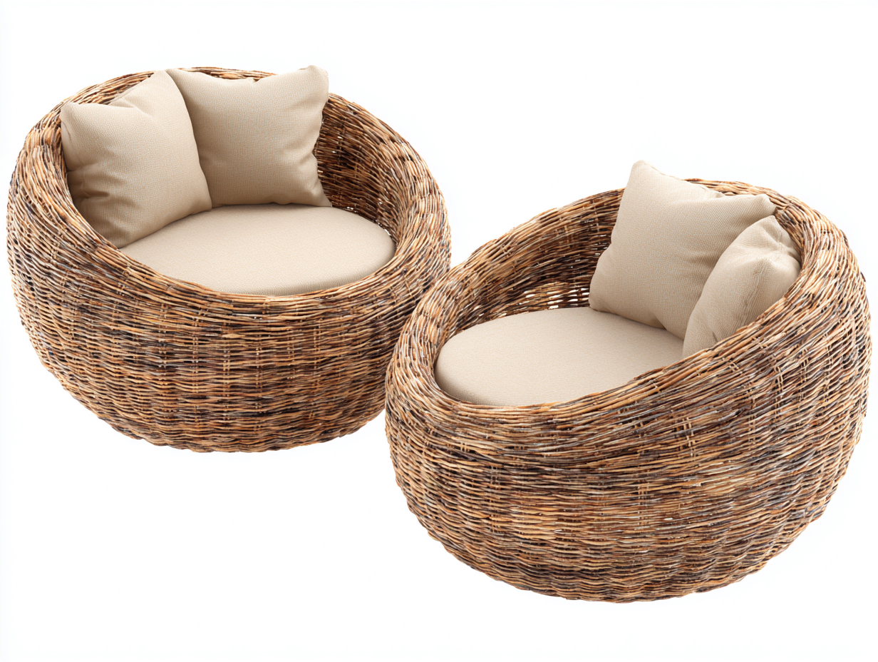 Ensemble de 2 fauteuils de jardin ronds en rotin synthétique 85x80x85 cm - brun clair - style cocon naturel-Homelyia