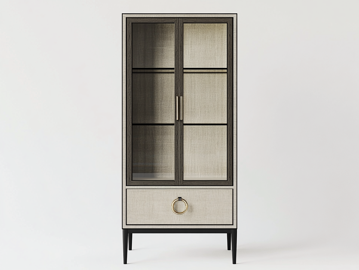 Vitrine en bois et verre 80x38x155 cm - beige/noir - avec espace de rangement-Homelyia