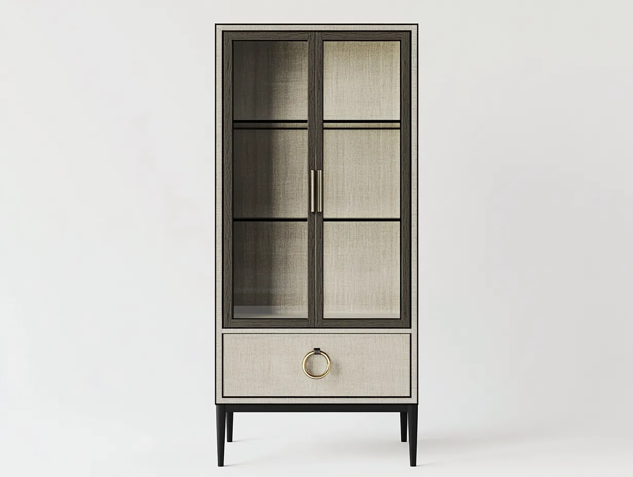 Vitrine en bois et verre 80x38x155 cm - beige/noir - avec espace de rangement-Homelyia