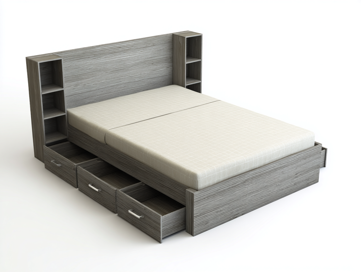 Lit double avec rangement 160x200x120 cm - bois gris - style fonctionnel avec étagères et tiroirs intégrés-Homelyia
